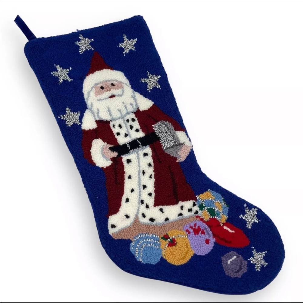 Vintage Punch Needle Christmas Stocking Santa Claus Silver Stars Blue Back 18”